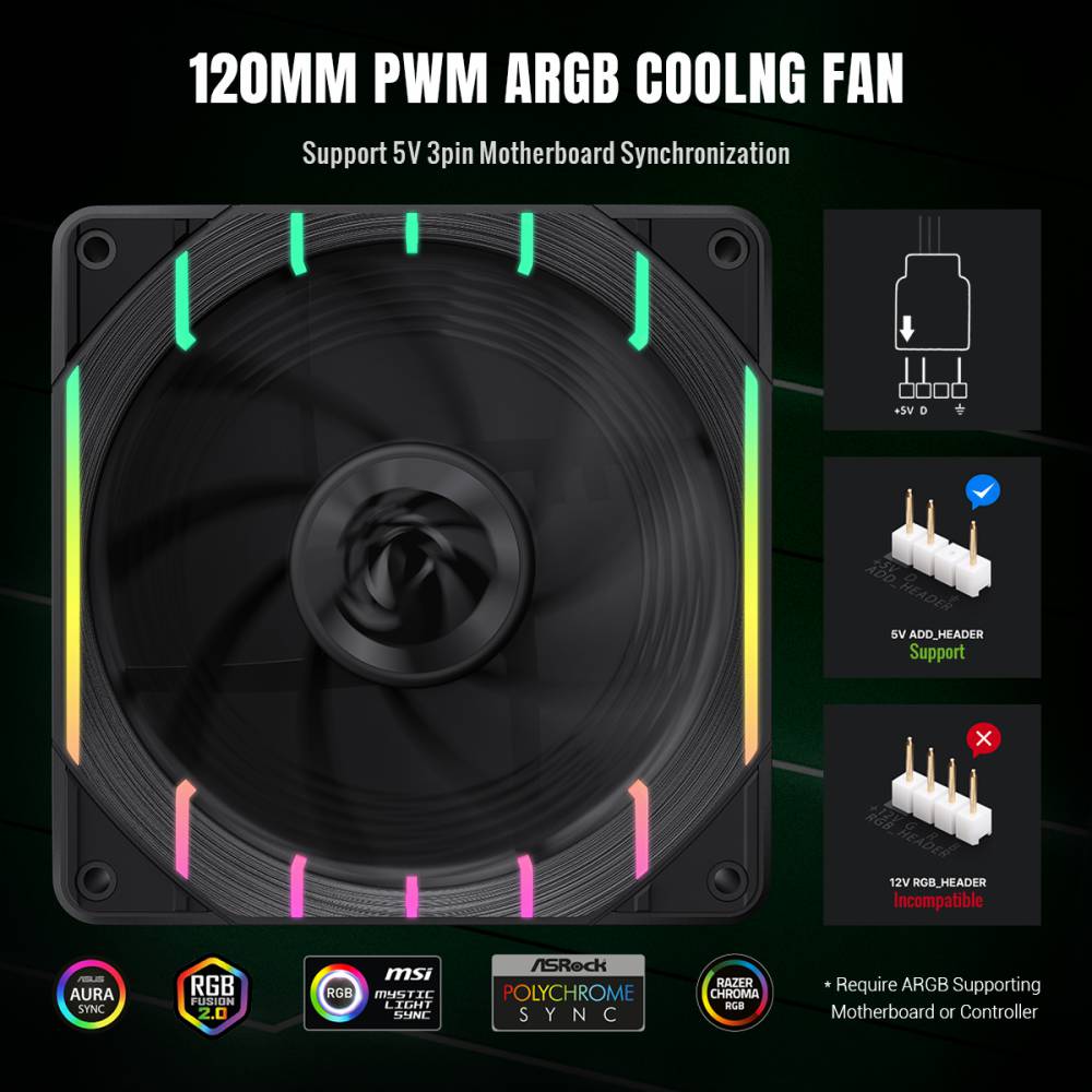GAMEMAX Tornado T12 ARGB 120mm PWM Case Fan, 2200 RPM – Black - Image 8