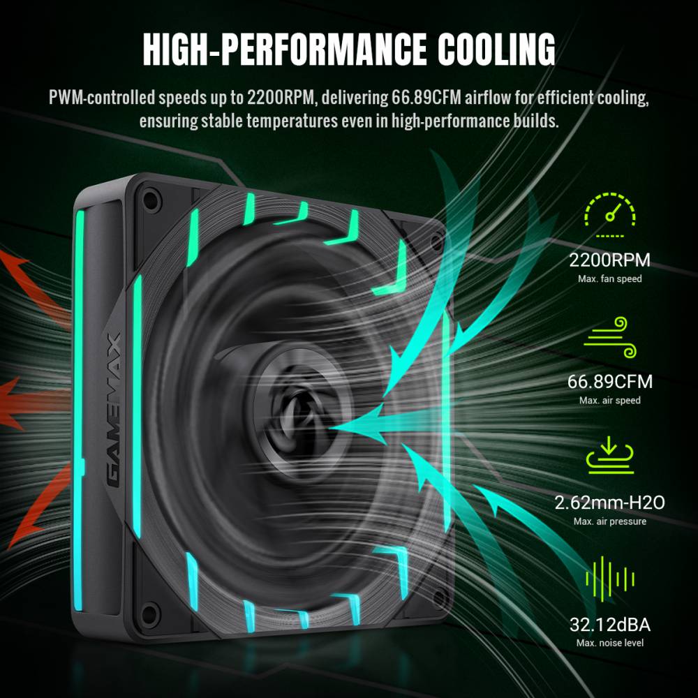 GAMEMAX Tornado T12 ARGB 120mm PWM Case Fan, 2200 RPM – Black - Image 9