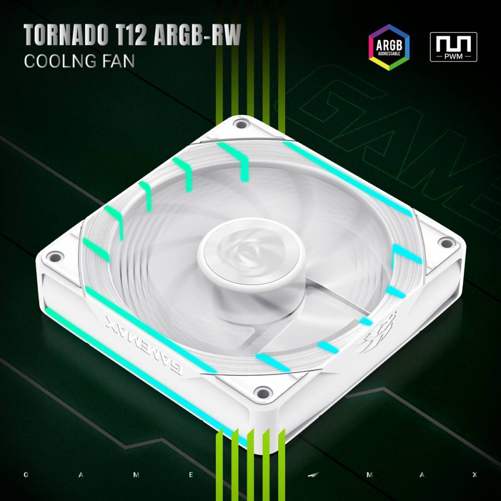 GAMEMAX Tornado T12 ARGB-RW 120mm PWM Case Fan, 2200 RPM – White - Image 10