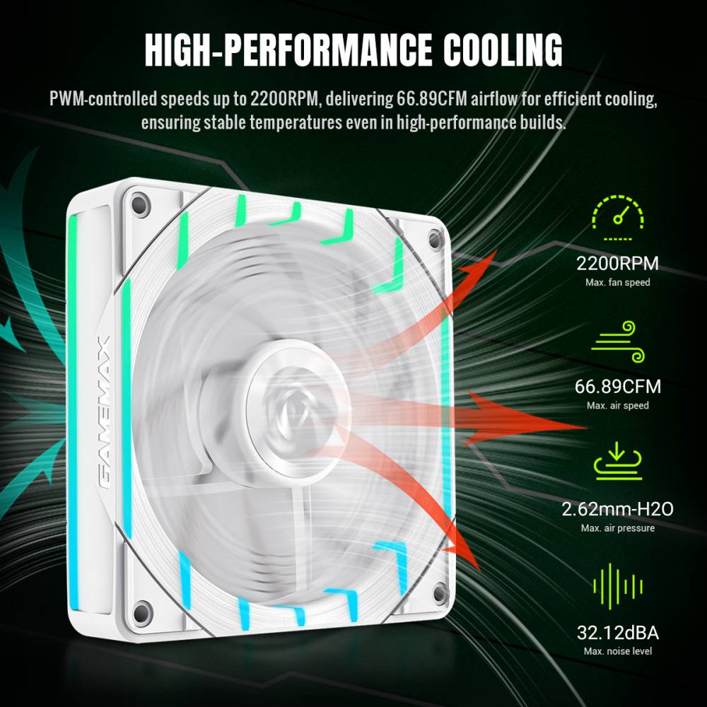 GAMEMAX Tornado T12 ARGB-RW 120mm PWM Case Fan, 2200 RPM – White - Image 7