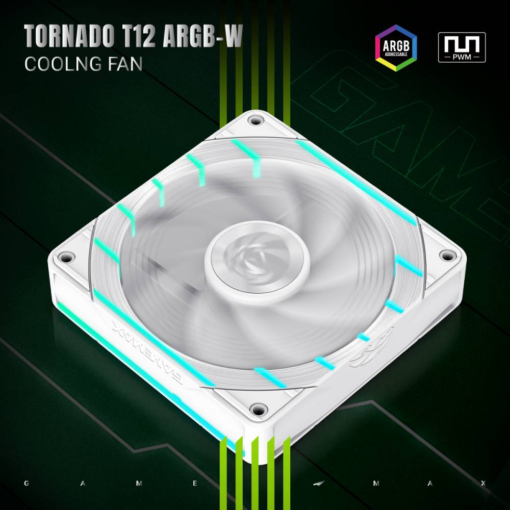GAMEMAX Tornado T12 ARGB-W 120mm PWM Case Fan, 2200 RPM – White - Image 9