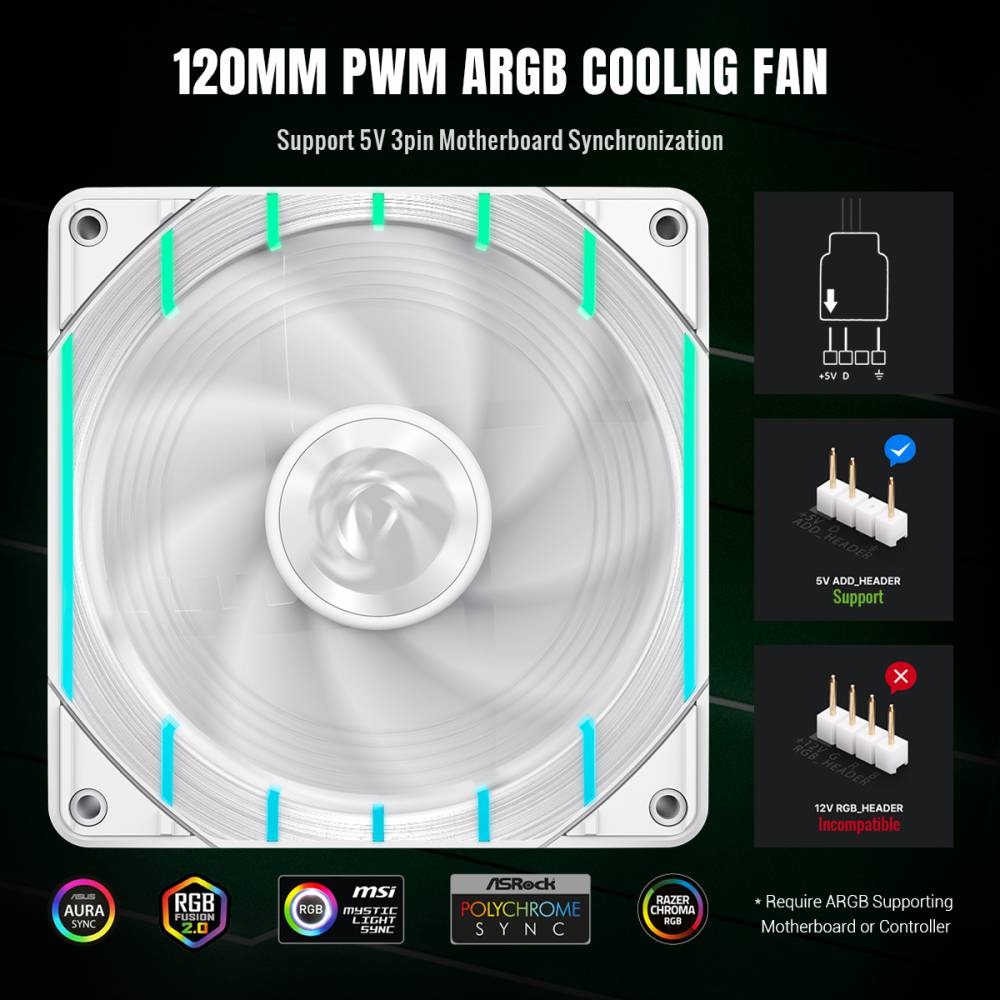 GAMEMAX Tornado T12 ARGB-W 120mm PWM Case Fan, 2200 RPM – White - Image 7