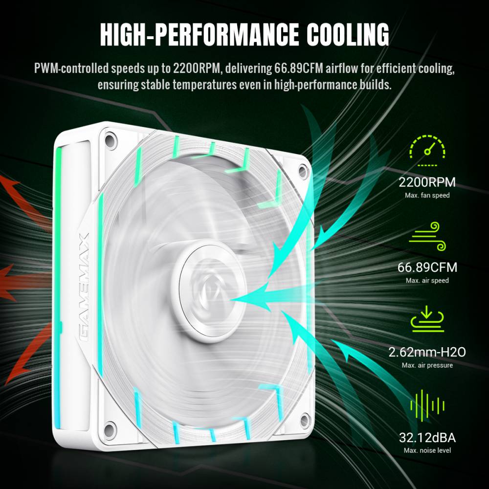 GAMEMAX Tornado T12 ARGB-W 120mm PWM Case Fan, 2200 RPM – White - Image 6